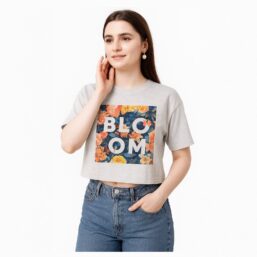 Women Graphic Printed Round Neck Cotton Crop Top ( Ecru Mel )