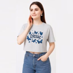 Women Graphic Printed Round Neck Cotton Crop Top ( Ecru Mel )