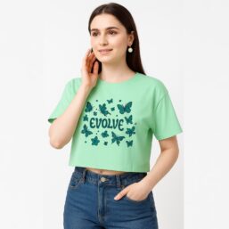 Women Graphic Printed Round Neck Cotton Crop Top ( Mint Green )