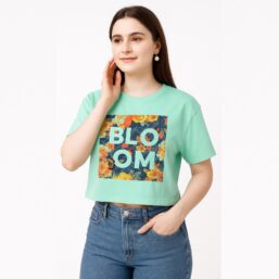 Women Graphic Printed Round Neck Cotton Crop Top ( Mint Green )