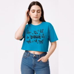 Women Graphic Printed Round Neck Cotton Crop Top ( Petrol Blue )